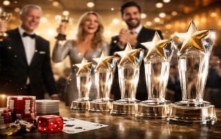 Crystal star trophies at the SBC Awards Americas 2025 ceremony celebrating leading iGaming winners including Wazdan, Live88 and Evolution