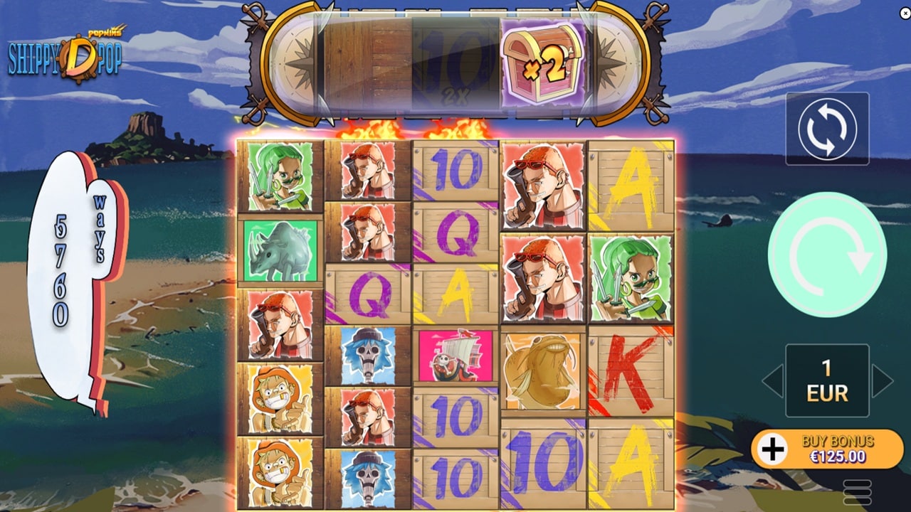 Pirate-themed slot game reels with character symbols and card values on beach backdrop