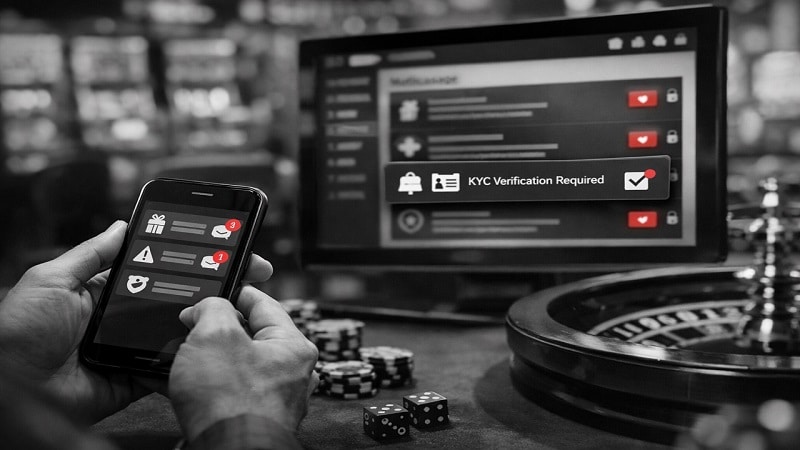 In-platform casino notification inbox displayed on mobile and desktop screens, representing SOFTSWISS Notification Centre messaging system 