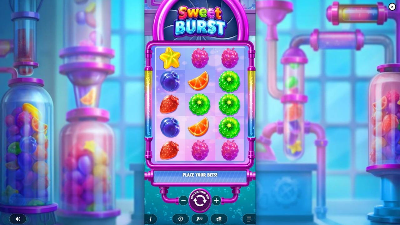 Sweet Burst slot game screenshot showing 5x3 reels with candy and fruit symbols in vibrant candy factory theme - Pragmatic Play