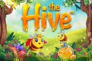 The Hive slot game by Betsoft featuring cartoon bees in colorful garden with flowers and rainbow