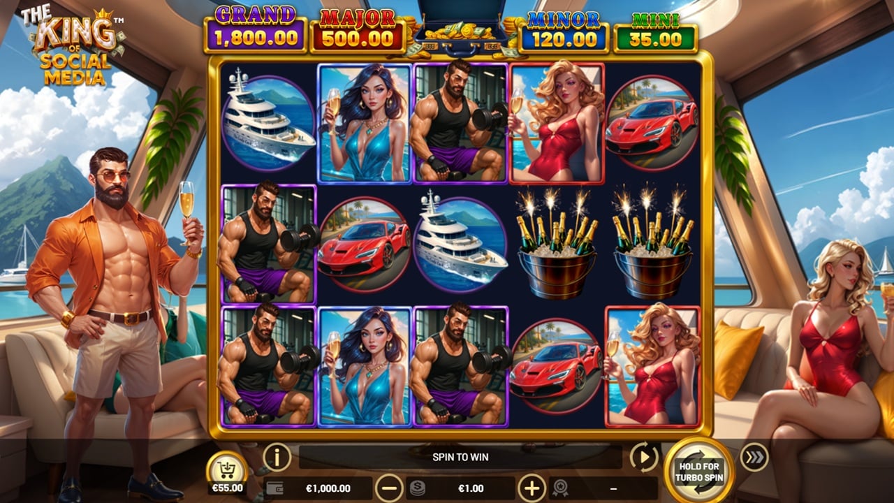 The King of Social Media slot game screenshot showing 5x3 reels with luxury yacht theme, jackpot prizes, sports cars, and glamorous characters - BetSoft