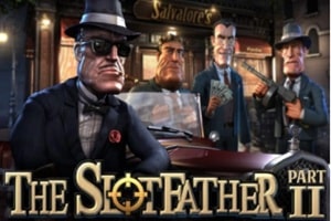 The Slotfather Part II slot game by Betsoft featuring mobster family gathering in prohibition-era speakeasy