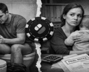 Man scrolling his phone on a toilet with cash nearby, a TonyBet casino chip in the centre, and a worried mother holding a baby with final notice.