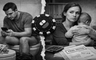Man scrolling his phone on a toilet with cash nearby, a TonyBet casino chip in the centre, and a worried mother holding a baby with final notice.