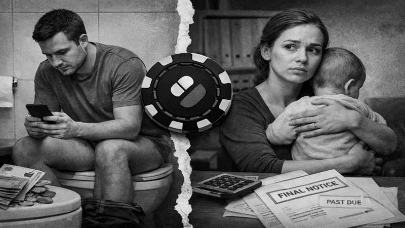 TonyBet's Banned Irish Ads – Gambling Dressed Up as a Pay Cheque Man scrolling his phone on a toilet with cash nearby, a TonyBet casino chip in the centre, and a worried mother holding a baby with final notice.