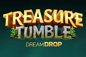 Treasure Tumble Dream Drop cluster pays slot logo by Relax Gaming with treasure themed symbols