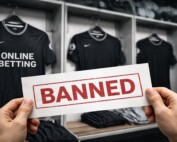 Football shirts in a stadium locker room with a gambling sponsor concept being banned, representing the UK ban on unlicensed gambling site sponsorships.