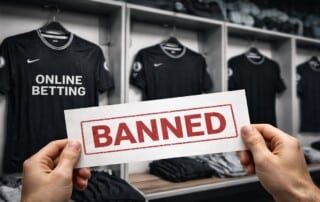 Football shirts in a stadium locker room with a gambling sponsor concept being banned, representing the UK ban on unlicensed gambling site sponsorships.