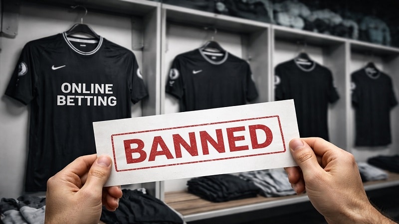 UK Government Crackdown on Unlicensed Gambling Sponsorships in Sport Sports team jerseys in a locker room symbolising the UK government ban on unlicensed gambling operators sponsoring sports clubs.