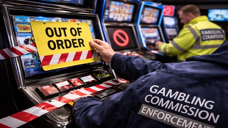 UK Gambling Commission enforcement officer placing out of order sign on non-compliant gaming machine in accordance with new July 2026 regulations
