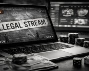 UK Illegal Streaming and Black Market Gambling - Laptop displaying unlicensed sports stream with casino chips