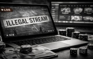 UK Illegal Streaming and Black Market Gambling - Laptop displaying unlicensed sports stream with casino chips