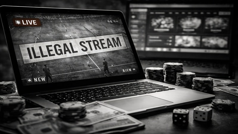 Laptop showing illegal sports stream with live indicator surrounded by casino chips and playing cards illustrating UK black market gambling growth