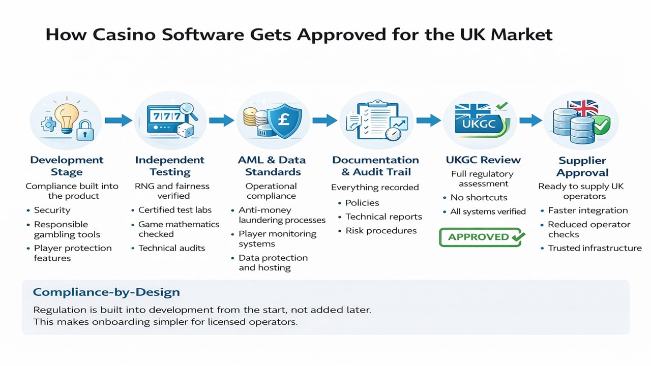 How Casino Software Gets Approved for the UK Market – UKGC Licensing Process Six-stage flowchart showing how casino software earns UKGC approval, from compliance-by-design development through to supplier certification.