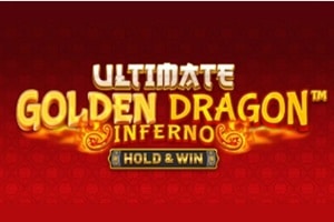 Betsoft Ultimate Golden Dragon Inferno slot machine logo with gold lettering and Hold and Win mechanic on red background