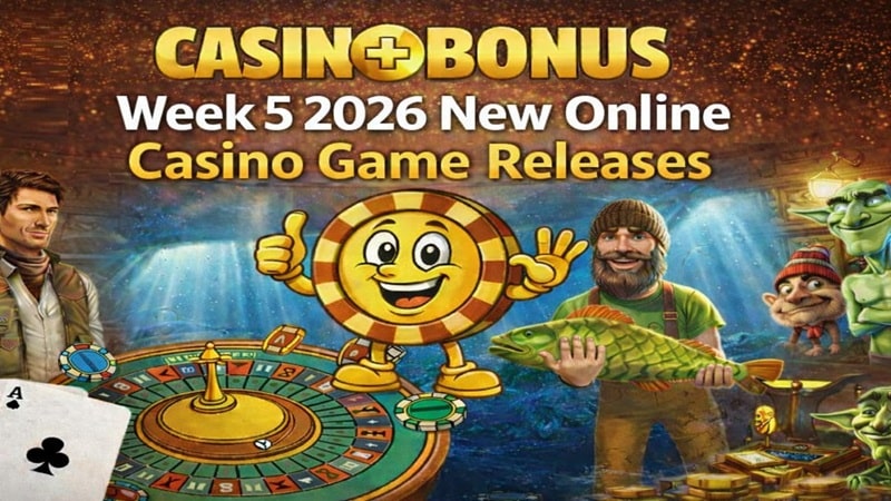 Week 5, February 2026 new online casino game releases featuring slot characters, roulette wheel, and Casino+Bonus branding with golden background