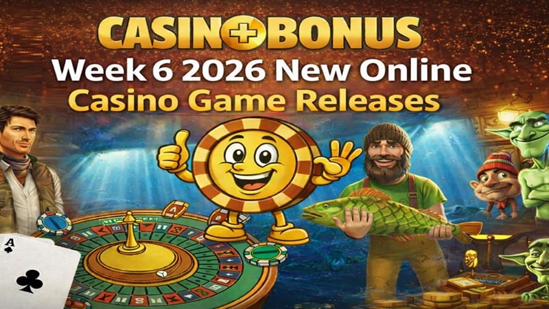 Week 5, February 2026 new online casino game releases featuring slot characters, roulette wheel, and Casino+Bonus branding with golden background