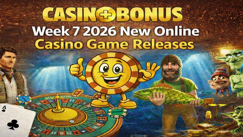 Week 7, February 2026 new online casino game releases featuring slot characters, roulette wheel, and Casino+Bonus branding with golden background