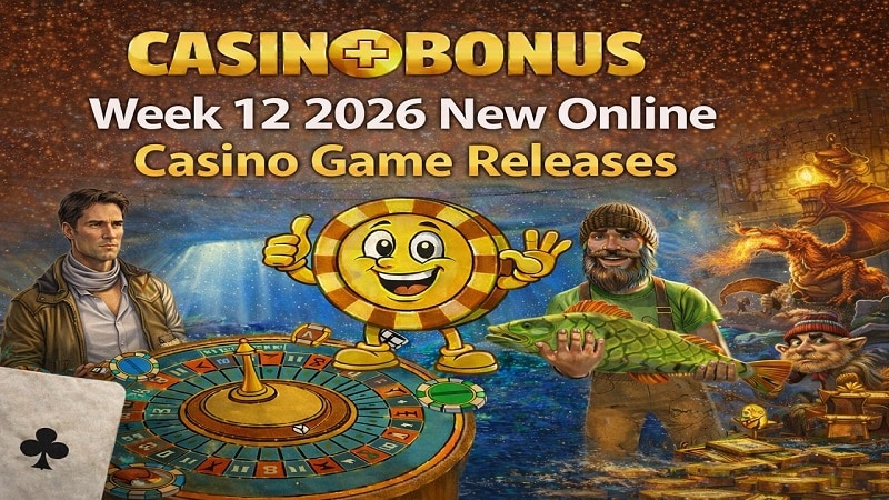 Week 12, March 2026 new online casino game releases featuring slot characters, roulette wheel, and Casino+Bonus branding with golden background