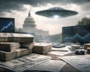 Photo illustration of a UFO above Washington with stacks of cash and trading screens, representing $10 million wagered on alien confirmation before 2027.