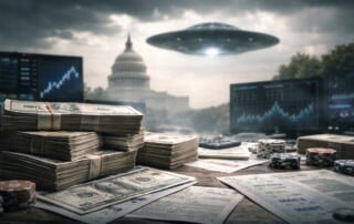 Photo illustration of a UFO above Washington with stacks of cash and trading screens, representing $10 million wagered on alien confirmation before 2027.