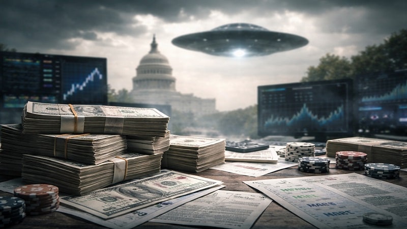 Photo illustration of a UFO above Washington with stacks of cash and trading screens, representing $10 million wagered on alien confirmation before 2027.