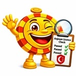 CasinoPlusBonus mascot holding a clipboard showing a passed Anjouan gaming licence check.
