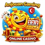 CasinoPlusBonus mascot with playing cards, slot machine, and casino chips promoting Anjouan Gaming online casinos.