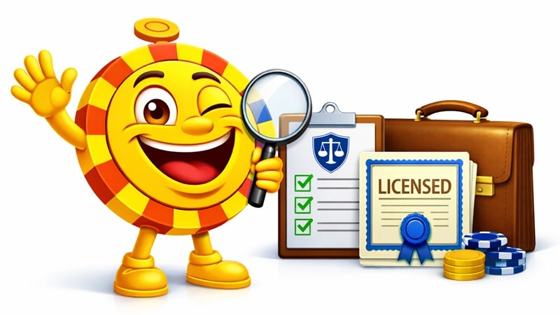 How to verify a Curacao online casino licence CasinoPlusBonus mascot holding a magnifying glass next to a verified licence certificate, clipboard checklist, and casino chips.