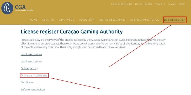 Curacao Gaming Authority License Register – Online Gaming Licenses Screenshot of the Curacao Gaming Authority license register page highlighting the online gaming licenses section