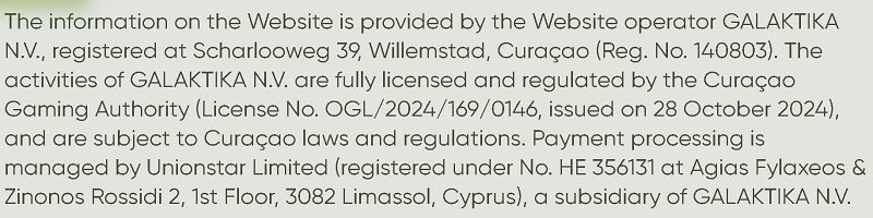 Galaktika N.V. Curaçao Gaming Authority License Information Screenshot showing Galaktika N.V. Curaçao Gaming Authority license OGL/2024/169/0146 and payment processing details