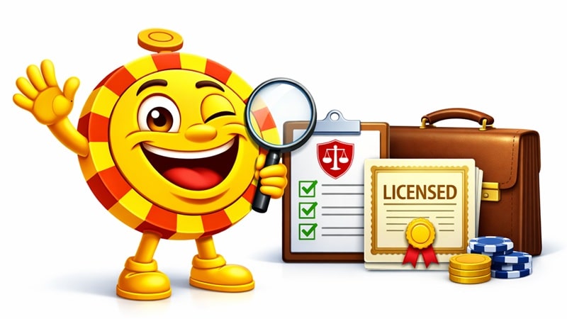 Casinoplusbonus mascot inspecting a valid gaming licence certificate and regulatory checklist, illustrating how to verify an Anjouan casino licence