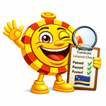 CasinoPlusBonus mascot holding a Curacao licence check clipboard with passed results.