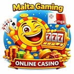 CasinoPlusBonus mascot with playing cards, slot machine, and MGA logo promoting Malta Gaming Authority online casinos.