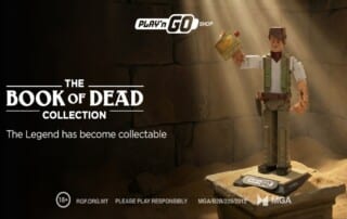 Play’n GO Book of Dead Collection collectible figure inspired by the Book of Dead slot game displayed in an Egyptian temple setting
