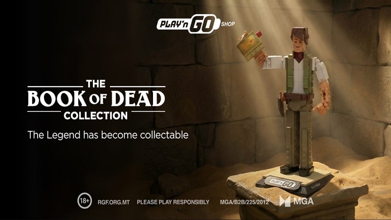 Play&rsquo;n GO Book of Dead slot game collectible figure holding the Book of Dead inside a temple themed display