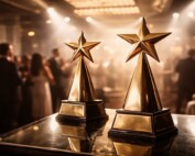 Golden trophies on display during an iGaming awards ceremony representing the SiGMA Africa Awards 2026 in Cape Town