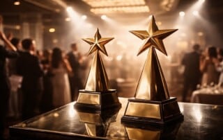 Golden trophies on display during an iGaming awards ceremony representing the SiGMA Africa Awards 2026 in Cape Town