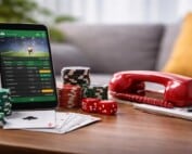 Smartphone showing a live sports betting app on a wooden desk surrounded by stacked casino chips, red dice, playing cards, and a red telephone.
