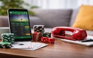 Smartphone showing a live sports betting app on a wooden desk surrounded by stacked casino chips, red dice, playing cards, and a red telephone.