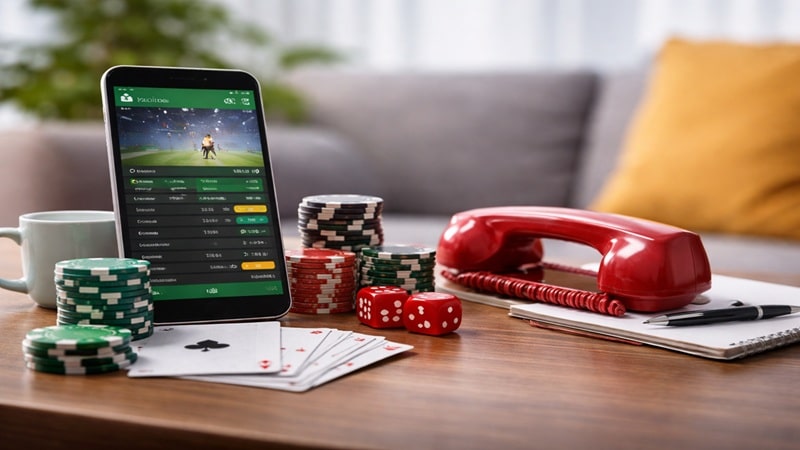 Ontario's gambling boom drives 317% spike in young men seeking help Smartphone showing a live sports betting app on a wooden desk surrounded by stacked casino chips, red dice, playing cards, and a red telephone.