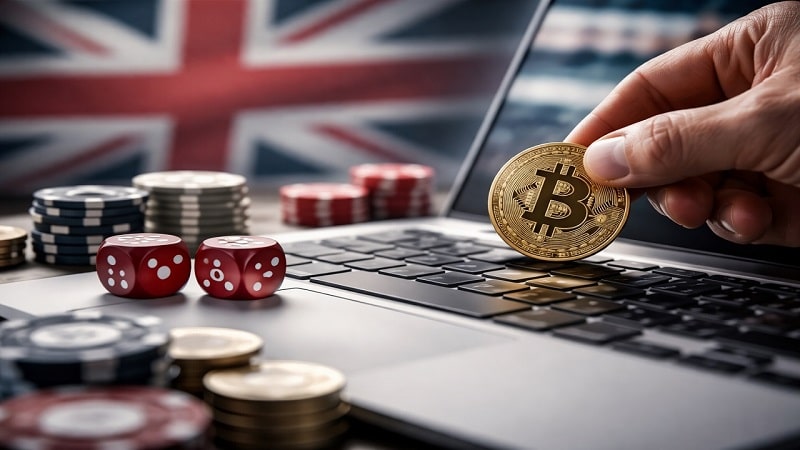 Concept image of cryptocurrency being used for online casino betting as UK regulators explore allowing crypto payments