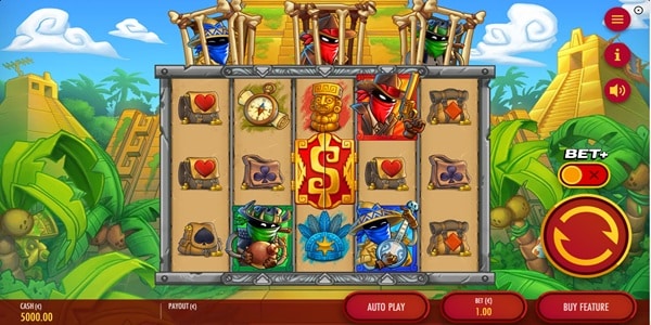 3 Wildos Slot Game | Thunderkick – Weekly Review 3 Wildos slot reels with three caged bandit characters above the grid, card-suit knapsack symbols and a golden Aztec totem, set against a jungle backdrop with stepped pyramids.