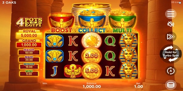 4 Pots of Egypt Slot Game | 3 Oaks Gaming – Weekly Review 4 Pots of Egypt slot reels with pharaoh, scarab and coin-value symbols beneath the Boost, Collect and Multi bonus pots.