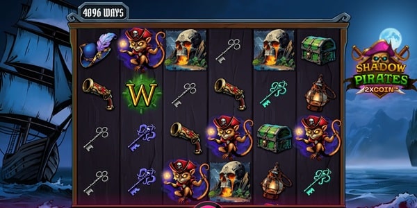 Shadow Pirates Slot Game | Just Slots – Weekly Review Shadow Pirates slot reels showing pirate-themed symbols including a pistol-wielding monkey, treasure chest, and lantern, with a ghost ship in the moonlit background.
