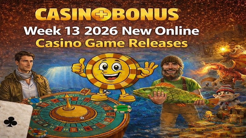 Week 13 Mar 2026 New Casino Game Releases Week 13, March 2026 new online casino game releases featuring slot characters, roulette wheel, and Casino+Bonus branding with golden background