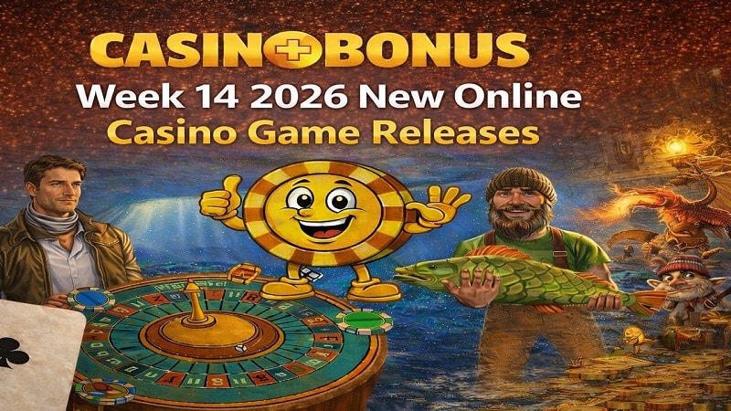 Week 14, April 2026 new online casino game releases featuring slot characters, roulette wheel, and Casino+Bonus branding with golden background