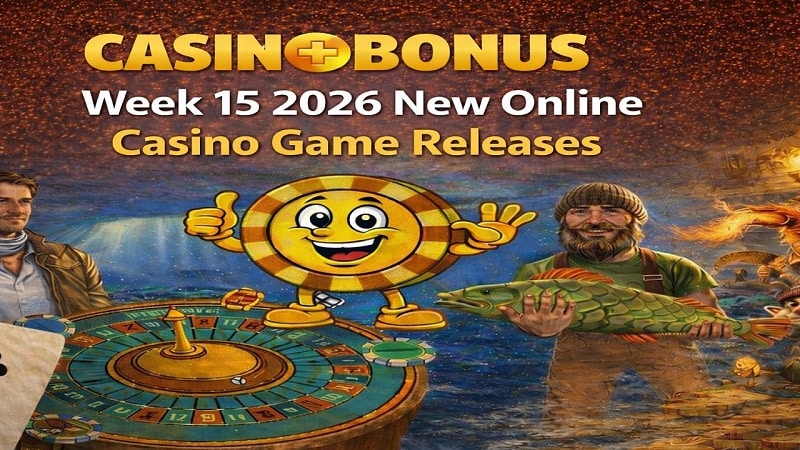 Week 15, April 2026 new online casino game releases featuring slot characters, roulette wheel, and Casino+Bonus branding with golden background