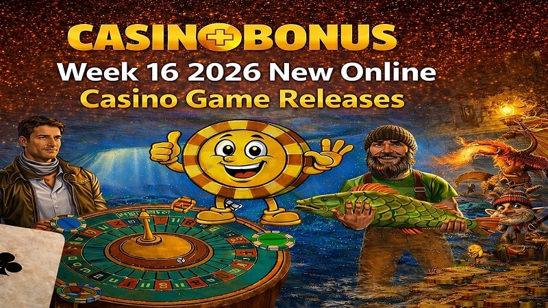 Week 16 Apr 2026 New Casino Game Releases 800×450 Week 16 2026 new online casino game releases banner featuring a roulette table, casino chip mascot, fisherman holding a fish, dragon, and stacks of gold coins.